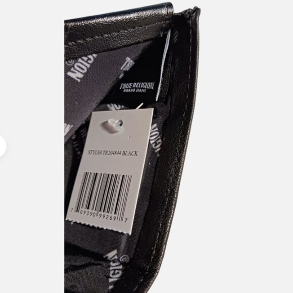 True Religion Mens Wallet Bifold Black Horseshoe Gold Logo Genuine Leather RFID - Picture 7 of 13